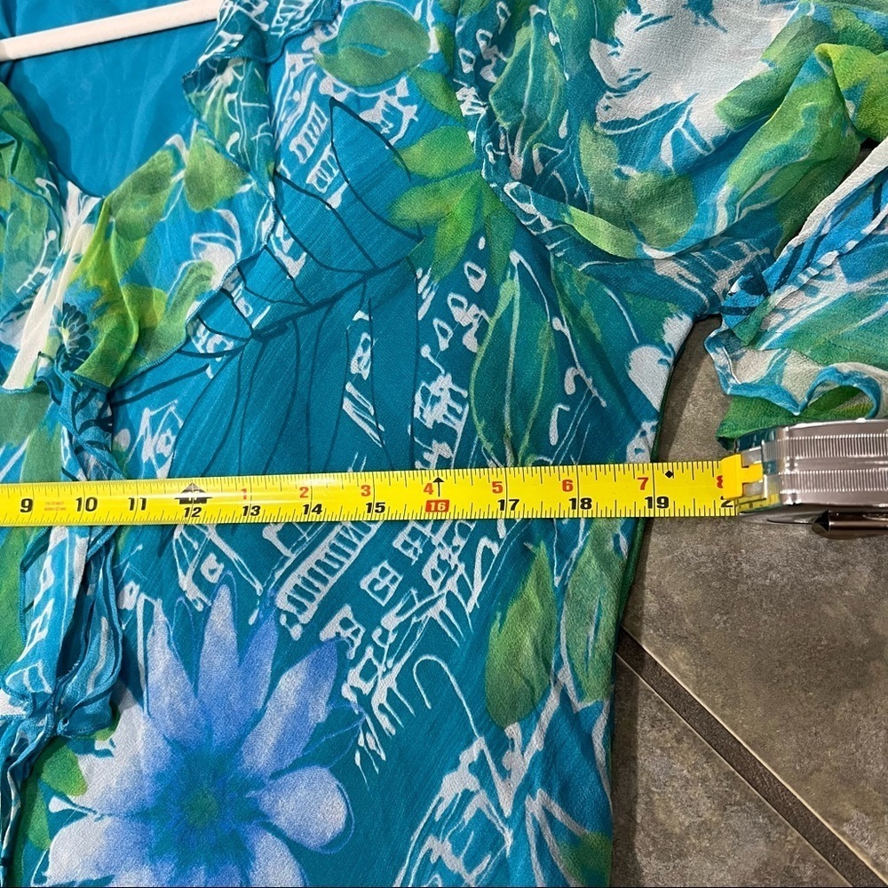 NEW YORK CITY DESIGN CO VTG SZ XL 100% SILk TOP PULLOVER MULTI BLUE RUFFLE BOHO - Picture 7 of 9